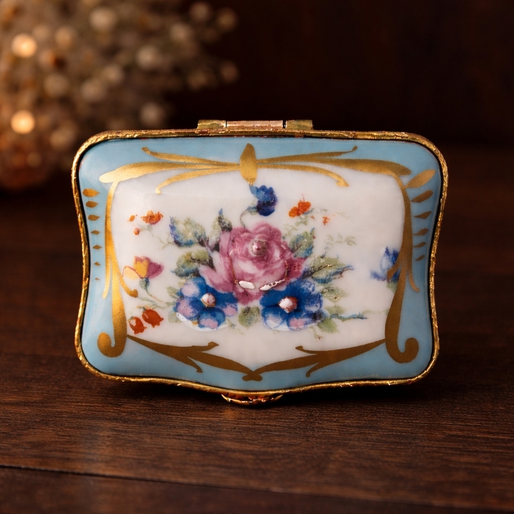 SOLD*** French Blue Porcelain Trinket Box – Hand-Painted Floral Design, c. 1930